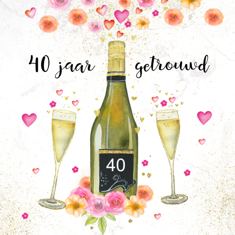 Hippe uitnodiging 40 jarig huwelijksjubileum met champagne en bloemen