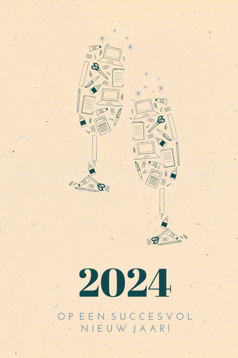 Zakelijke nieuwjaarskaart met champagneglazen en gerecycled papier