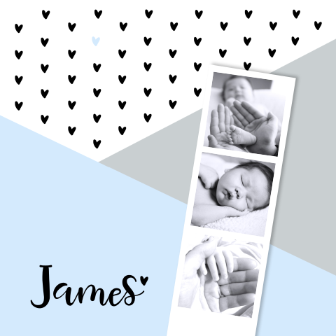 Hippe babykaart met hartjes en fotostrip