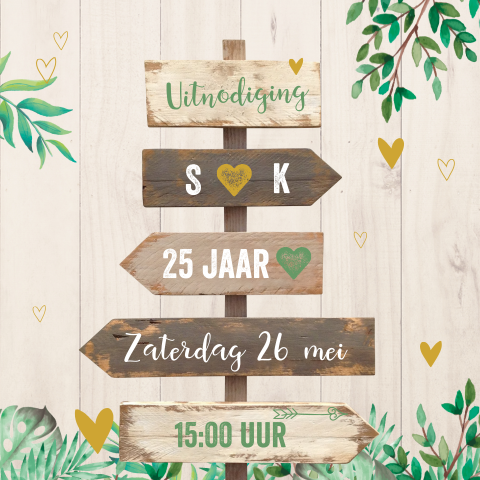 Hippe uitnodiging 25 jarig huwelijk met houten strandpaal en bladeren