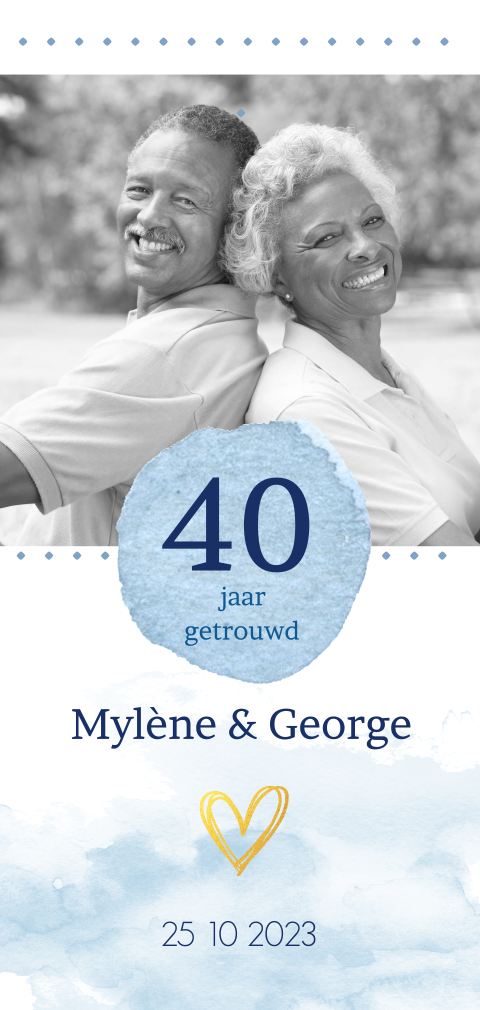 Stijlvolle uitnodiging 40 jarig huwelijk met blauwe waterverf en foto