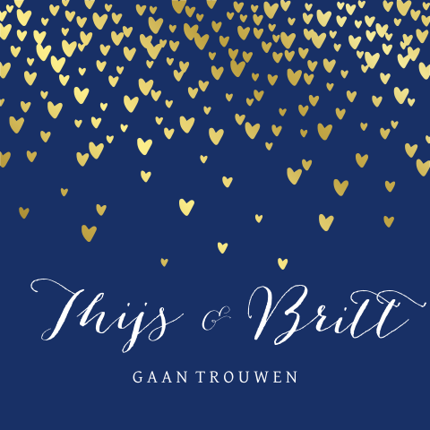 Goudfolie trouwkaart met hartjes op donkerblauw