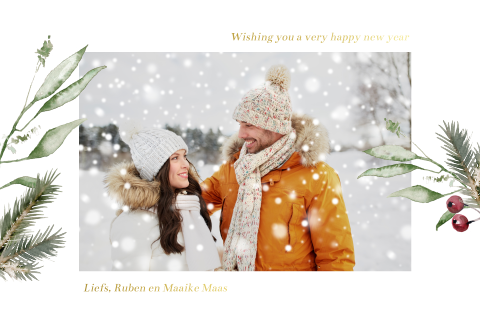 Moderne kerstkaart met foto, kersttakjes en goudfolie