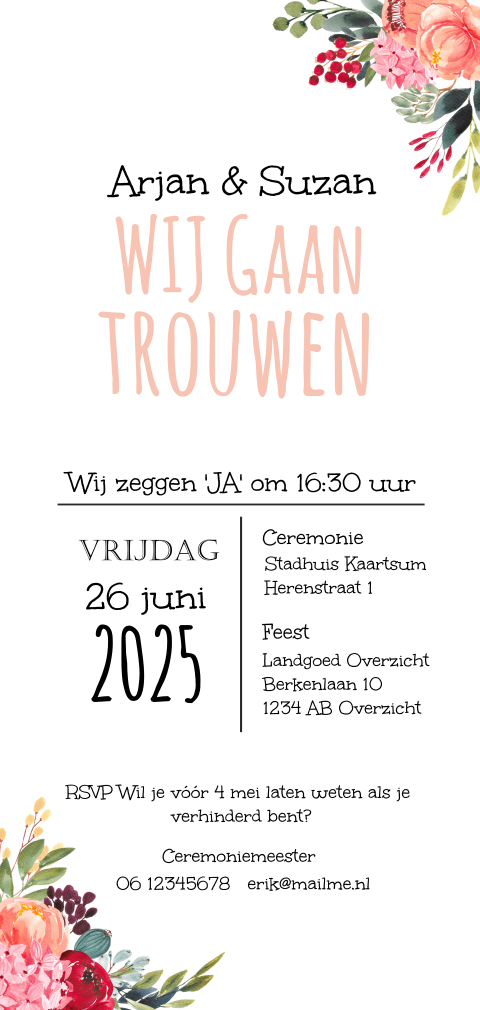 Vrolijke trouwkaart met bloemen
