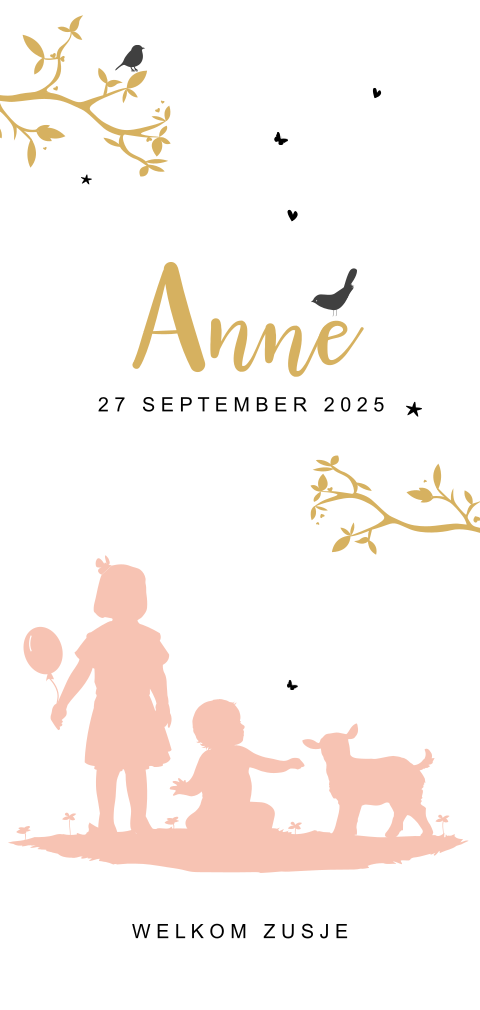 Hip silhouet geboortekaartje voor meisje met zusje en lammetje