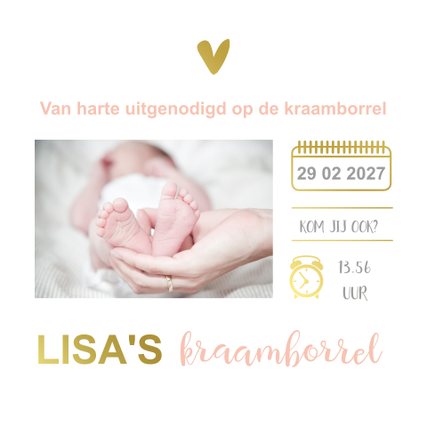 Goudfolie babyborrelkaartje met foto