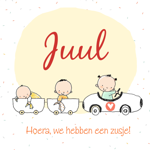 Vrolijke geboortekaart met kindjes in auto