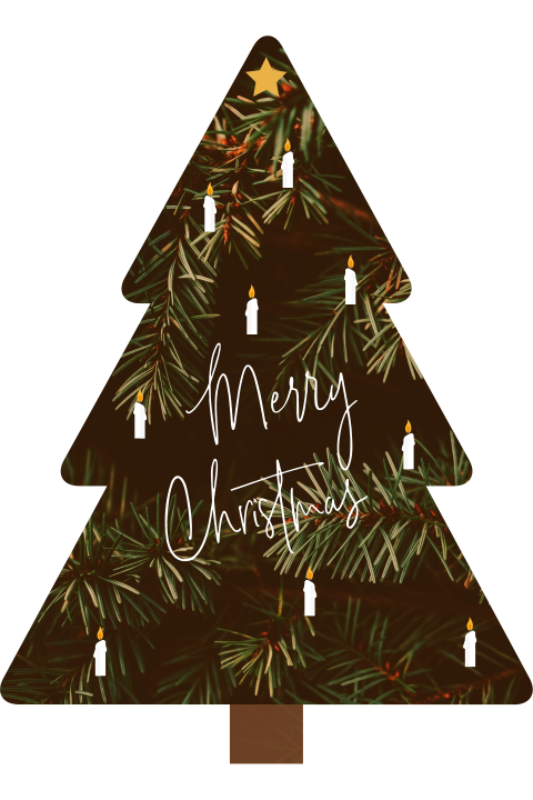 Unieke kerstkaart in een vorm van een kerstboom met lichtjes