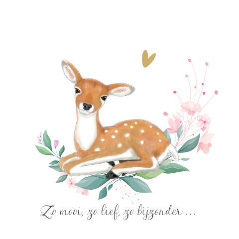 Lief babykaartje met hertje en roze bloemetjes
