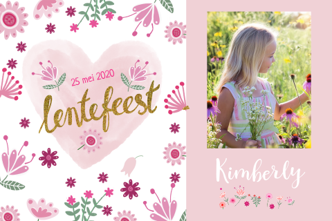 Lentefeestje uitnodiging met bloemen, hartje en foto