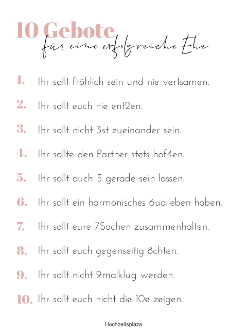 Schlichtes, weißes Poster als Hochzeitsgeschenk mit Geboten in rosa