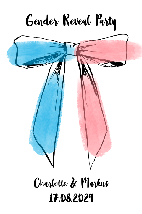 Gender Reveal Party Einladungskarte mit Schleife und Pinselstrichen