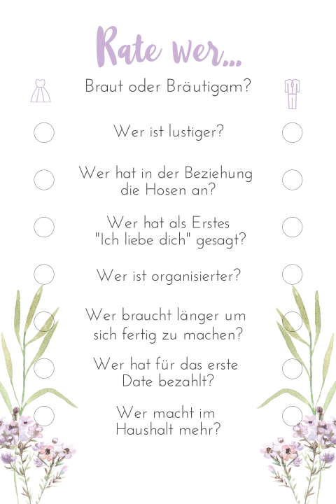 "Rate mal" Spiel für die Hochzeitsgäste mit Zweigen und lila Blumen