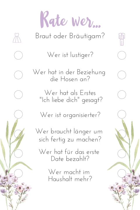 "Rate mal" Spiel für die Hochzeitsgäste mit Zweigen und lila Blumen