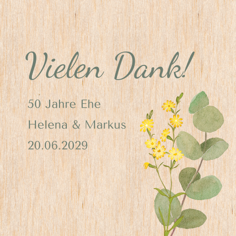 Quadratische florale Dankeskarte zur Goldhochzeit aus Echtholz