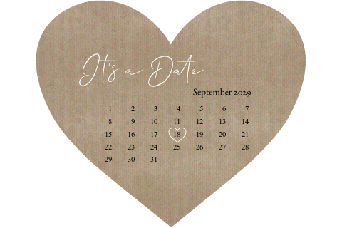 Save the Date Karte in Herzform mit Kalender im Kraftpapier Look