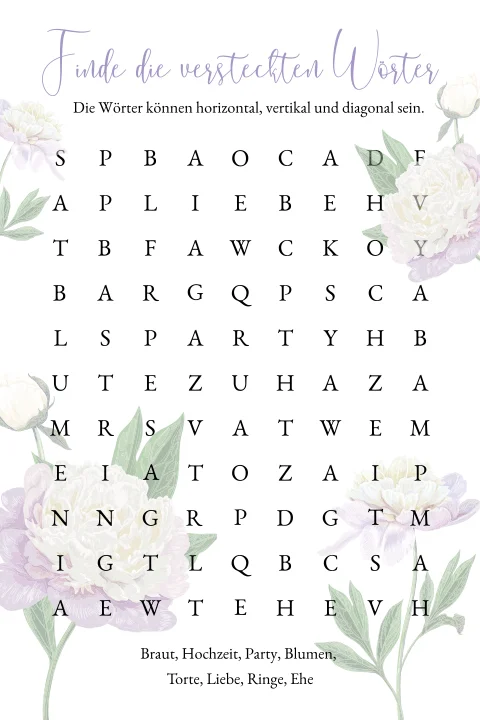 Kreuzworträtsel für die Gäste auf der Hochzeit mit lila weißen Blumen