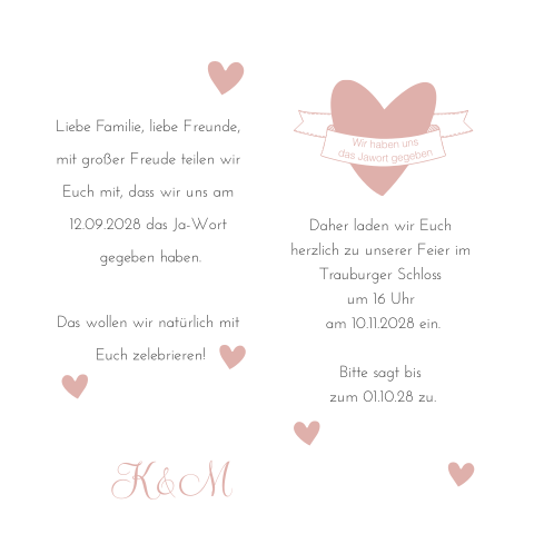 Dreiteilige "Wir haben geheiratet" Karte mit Herzen und Banner in rosa