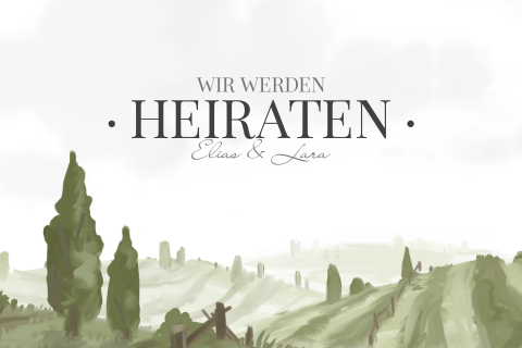 Hochzeitseinladung mit mediterraner Landschaft in weiß und grün