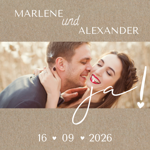 Hochzeitskarte mit Foto und Schriftzug ja! im Kraftpapierlook