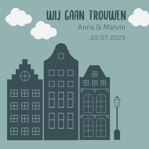 Hochzeitseinladung Amsterdam in blau mit Häusern und Wolken in weiß