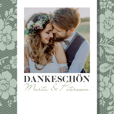 Quadratische Dankeskarte mit Spitze und Rosen in grün und Foto