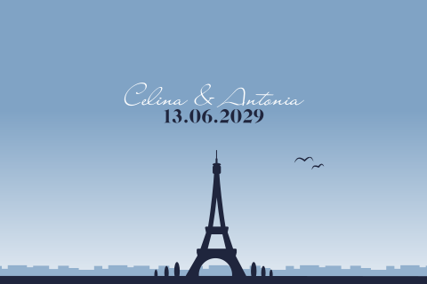 Blaue Einladungskarte zur Hochzeit mit Pariser Eiffelturm