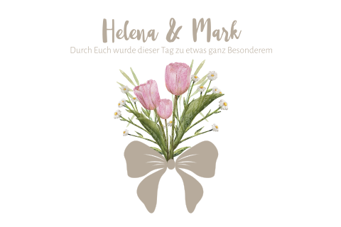 Dankeskarte zur Hochzeit mit Schleife in beige und Tulpen in rosa