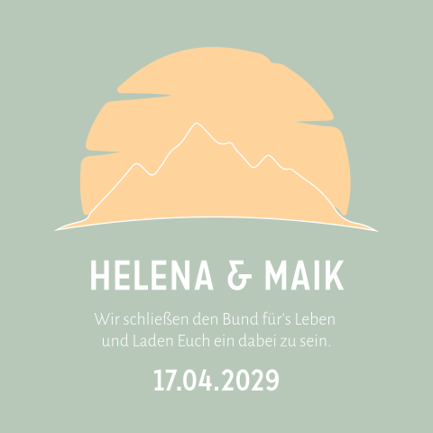 Moderne Hochzeitskarte in grün mit Sonne und Berge Motiv in gelb