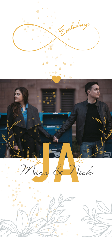 Florale Hochzeitseinladung mit gelben Akzenten & Unendlichkeitszeichen