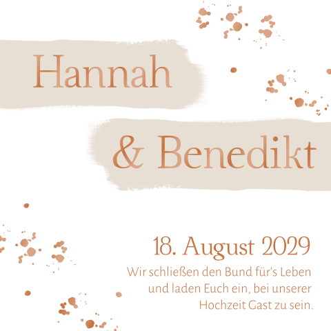 Weiße Hochzeitseinladung mit hochglanzveredelten Kupferelementen mit Pinselstrich in Beige