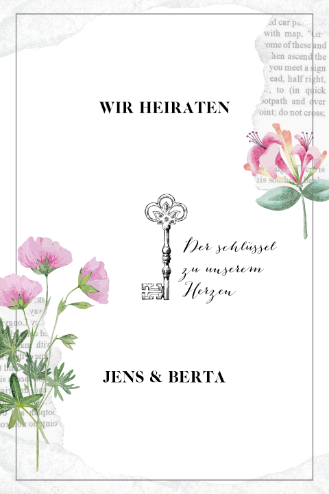 Rustikale Vintage Hochzeitseinladung mit Schlüssel, Blumen und Zeitung