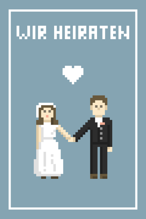Nerdige Hochzeitskarte in blau mit Brautpaar in Pixelform