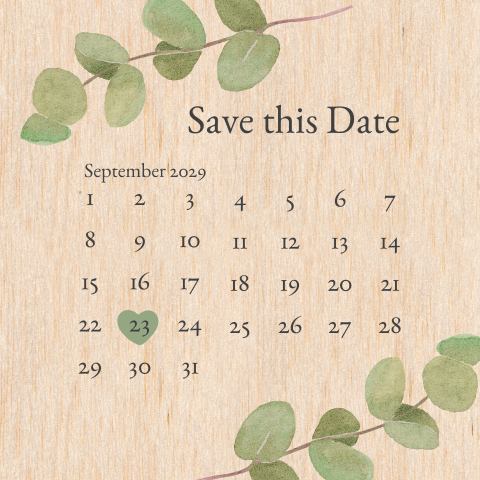 Quadratische Save the Date Karte aus Holz mit Kalender und Greenery
