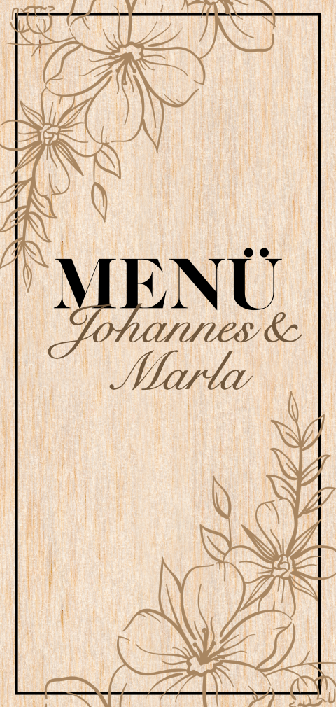Schlichte Menükarte aus Holz mit Rahmen und Line Art Blumen