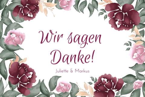Weiße Dankeskarte mit roten und rosa Blumen