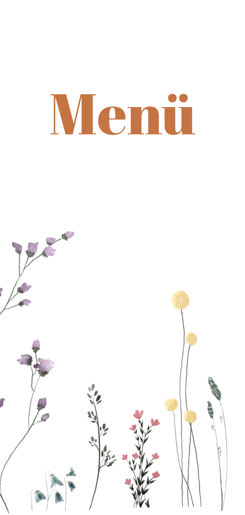 Menükarte mit kupferfarbener Schrift zur Hochzeit mit Blumenwiese