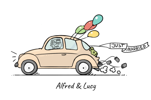 Lustige Hochzeitseinladung Postkarte Auto mit Ballons