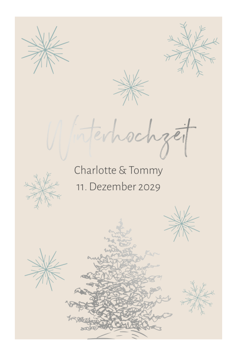 Winterliche Boho Hozeitseinladung mit Tanne und Schneeflocken in beige