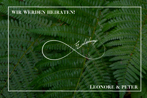 Einladungskarte im klassischen Stil mit Farnen und Unendlich-Zeichen