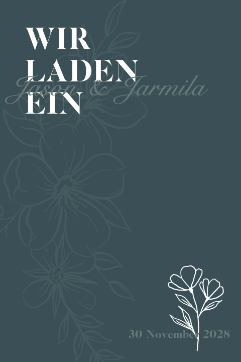 Dunkelblaue Hochzeitskarte mit Blumen