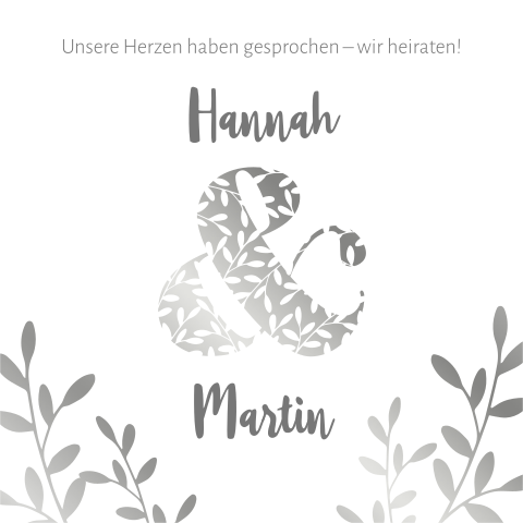 Veredelte Hochzeitseinladung mit Blätter und &-Zeichen in Silber