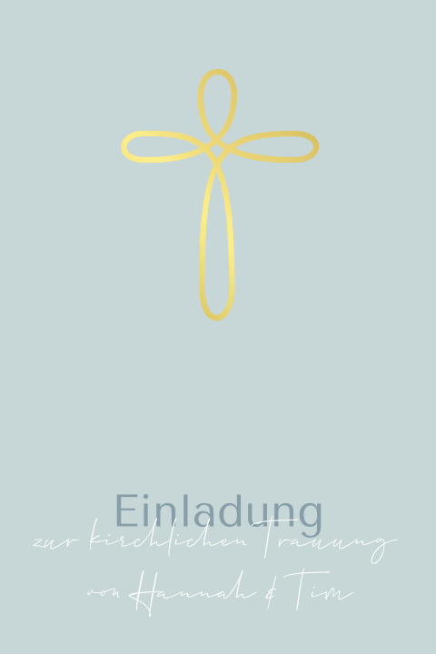 Moderne Hochzeitseinladung in blau mit veredeltem Kreuz in gold