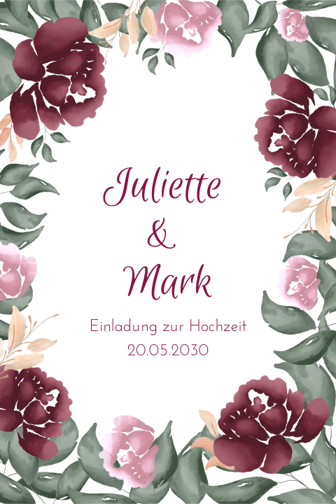 Hochzeitskarte mit Blumenrahmen in rot, rosa und grün