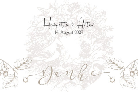 Hochzeitsdanksagung mit Kranz aus Zweigen und Vögeln