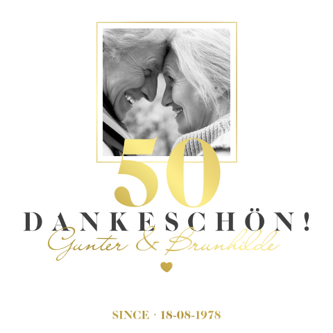 Quadratische weiße Danksagung zur Goldhochzeit mit Rahmen und Zahl 50