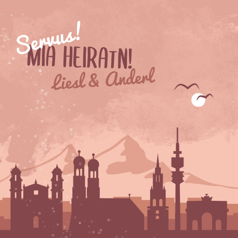 Rote bayrische Hochzeitseinladung mit Münchener Skyline