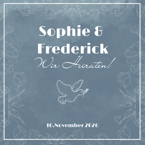 Aquarellblaue Hochzeitskarte mit zartem Blumenrahmen und Taube