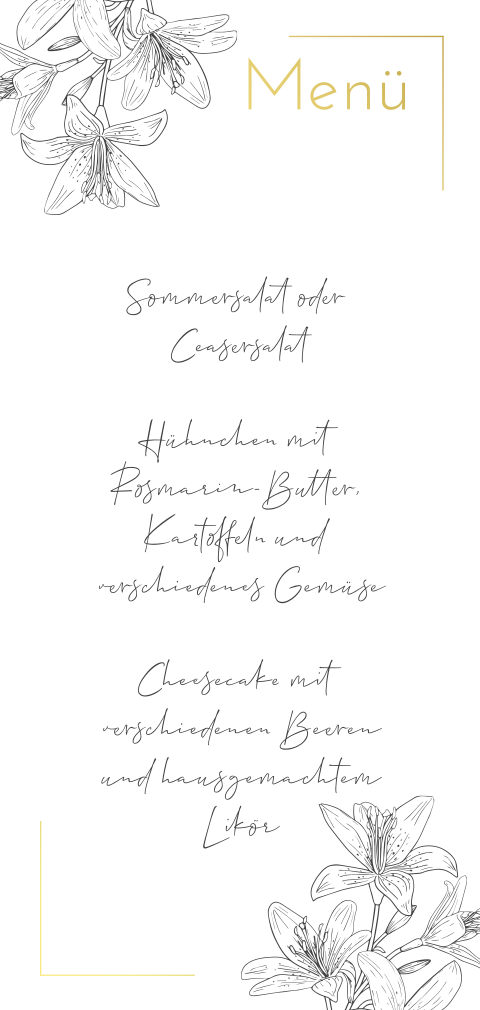 Elegante Menükarte mit Line Art Blumen in schwarz und Goldfolie