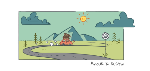 Hochzeitskarte im Comic Stil mit Auto und Bergen im Hintergrund
